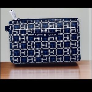 Tommy Hilfiger Navy and White Patterned Pouch Wristlet Bag Logo Pattern 8x5”